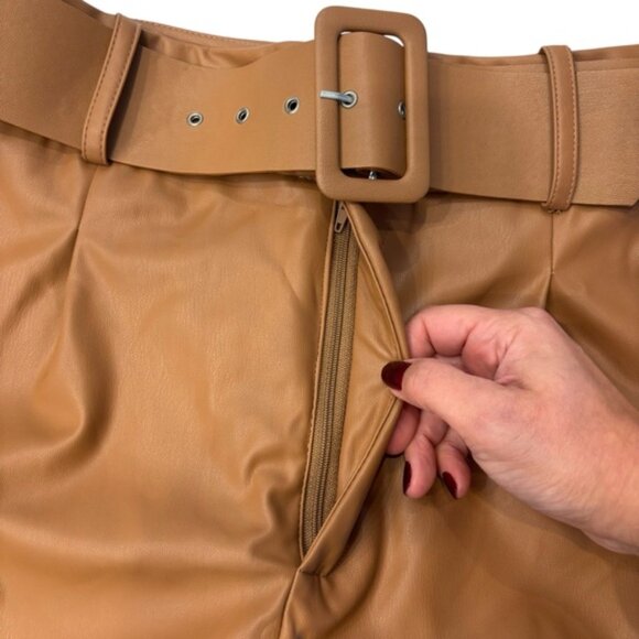 ZARA NWOT Women Vegan Faux Leather Pleated Belted Trouser Pant Medium Tan/Camel - Picture 3 of 6